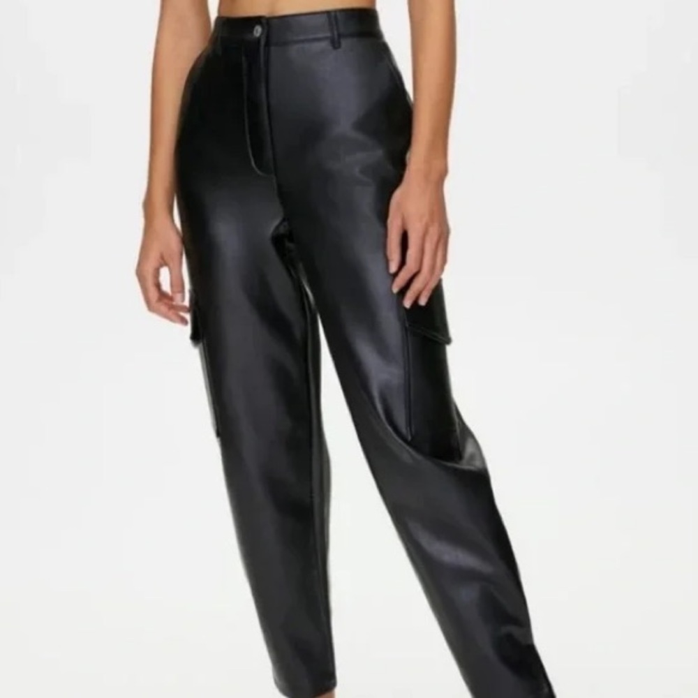 WILFRED FREE Black Faux Leather Cargo Pants, 4
